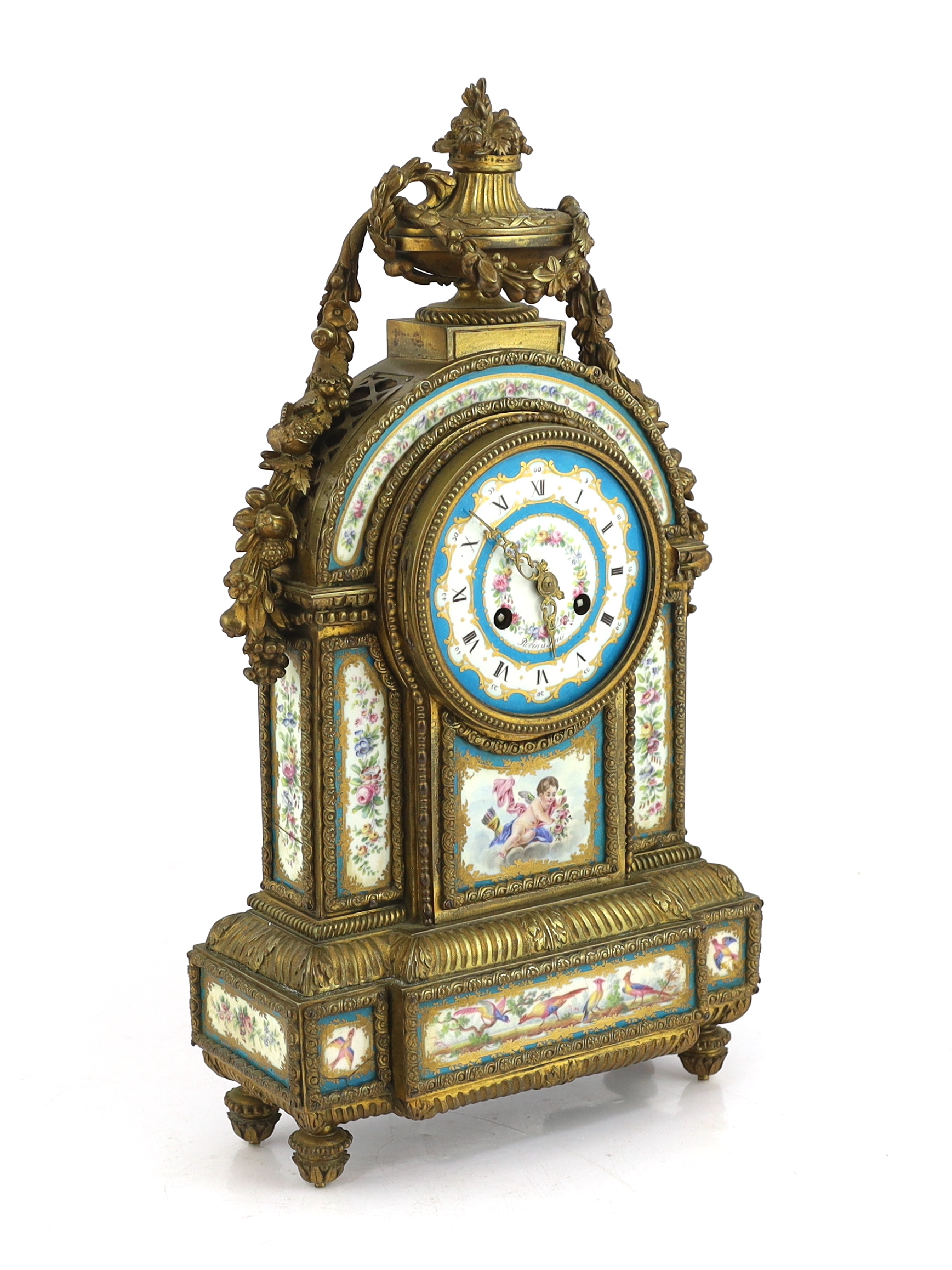 Robin à Paris, a 19th century French ormolu and Sevres style porcelain mantel clock